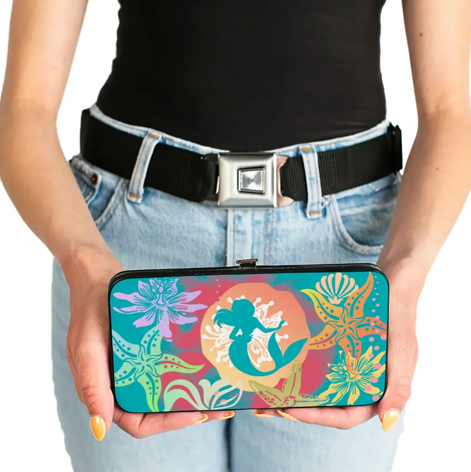 Hinged Wallet - Ariel Pose Silhouette Shells & Sea Flowers Collage Aqua Blue Multi Color