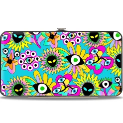 Hinged Wallet - Funky Alien Flowers Aqua Blue/Multi Color