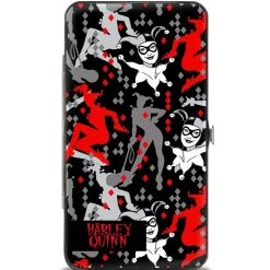 Hinged Wallet - Harley Quinn CRAZY Face Silhouette Poses Diamonds Black Grays Red White