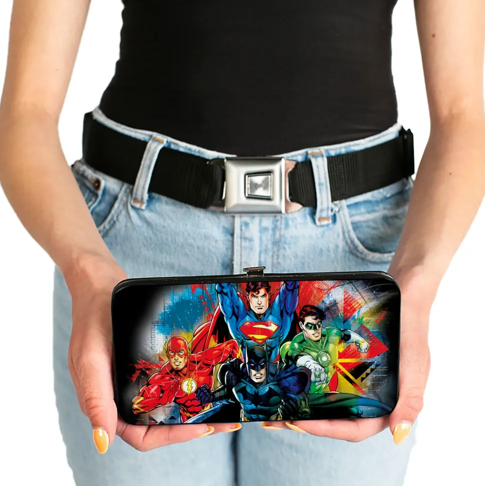 Hinged Wallet - Justice League 4-Superhero C U Group Pose Splatter Black Multi Color