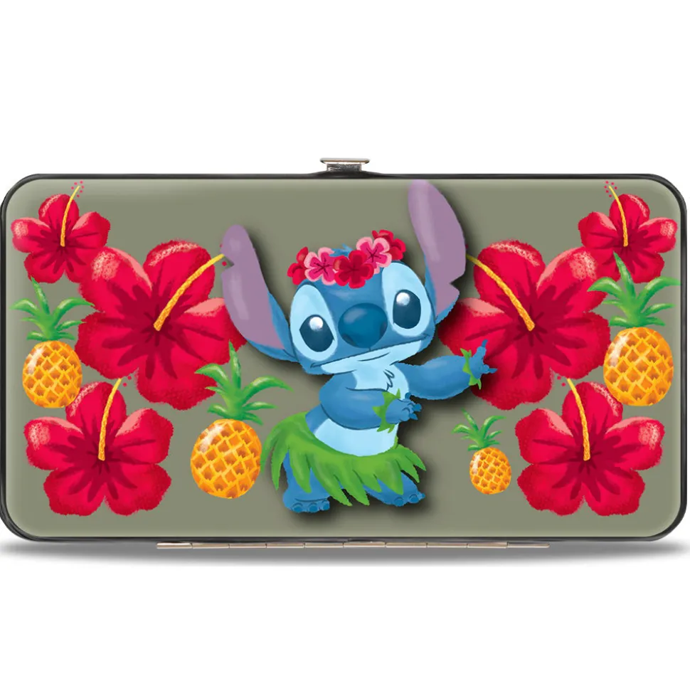 Hinged Wallet - Stitch Hula Pose Front + Back Hibiscus Flowers Pineapples Gray