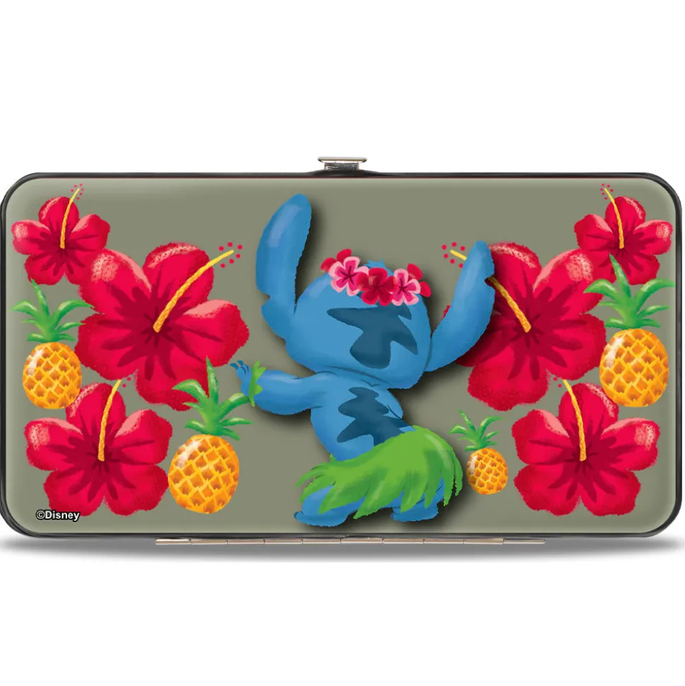 Hinged Wallet - Stitch Hula Pose Front + Back Hibiscus Flowers Pineapples Gray