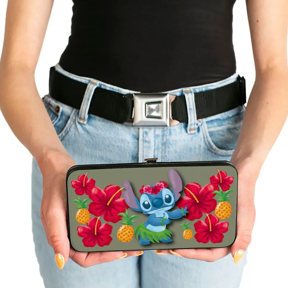 Hinged Wallet - Stitch Hula Pose Front + Back Hibiscus Flowers Pineapples Gray