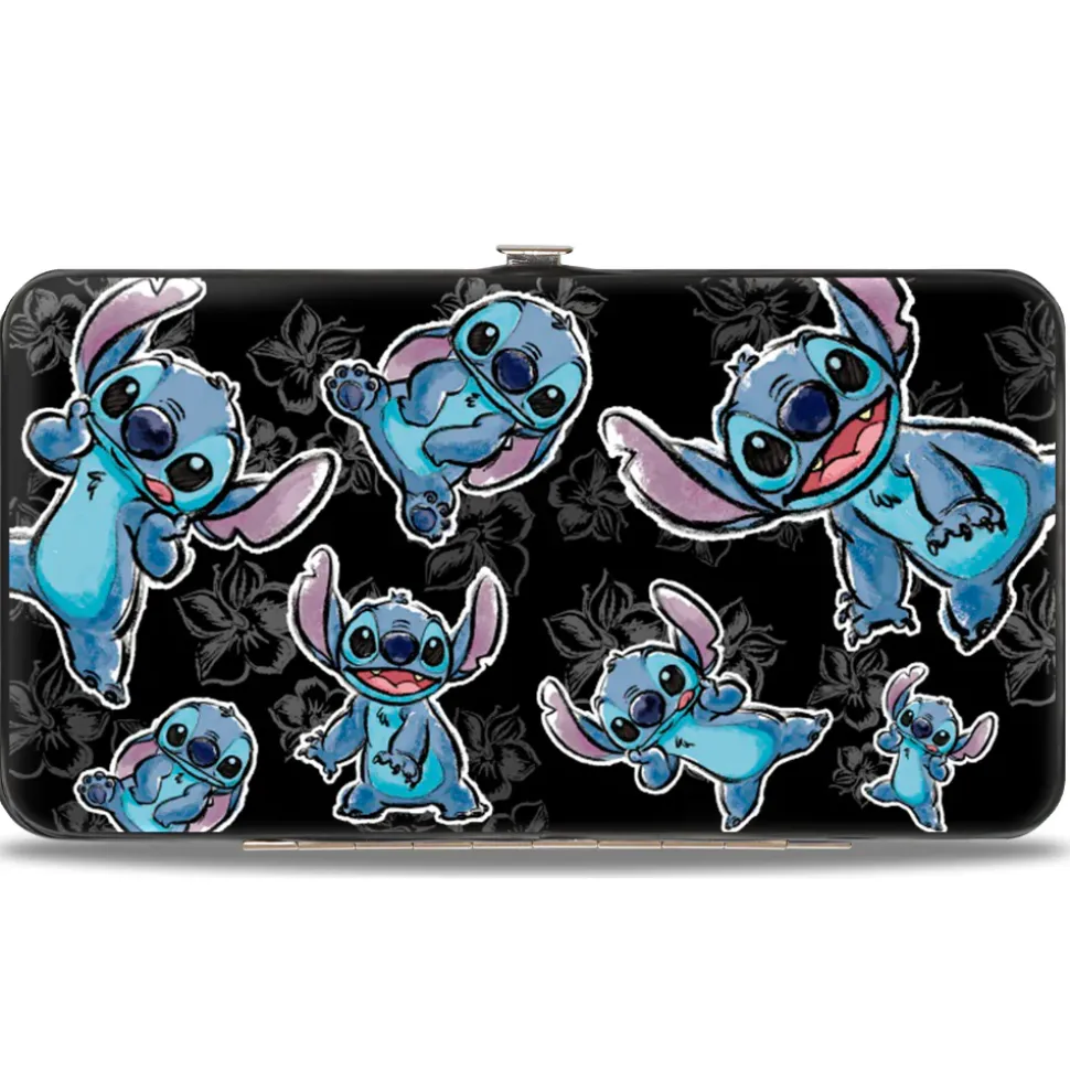 Hinged Wallet - Stitch 3-Poses Scattered Hibiscus Sketch Black Grays