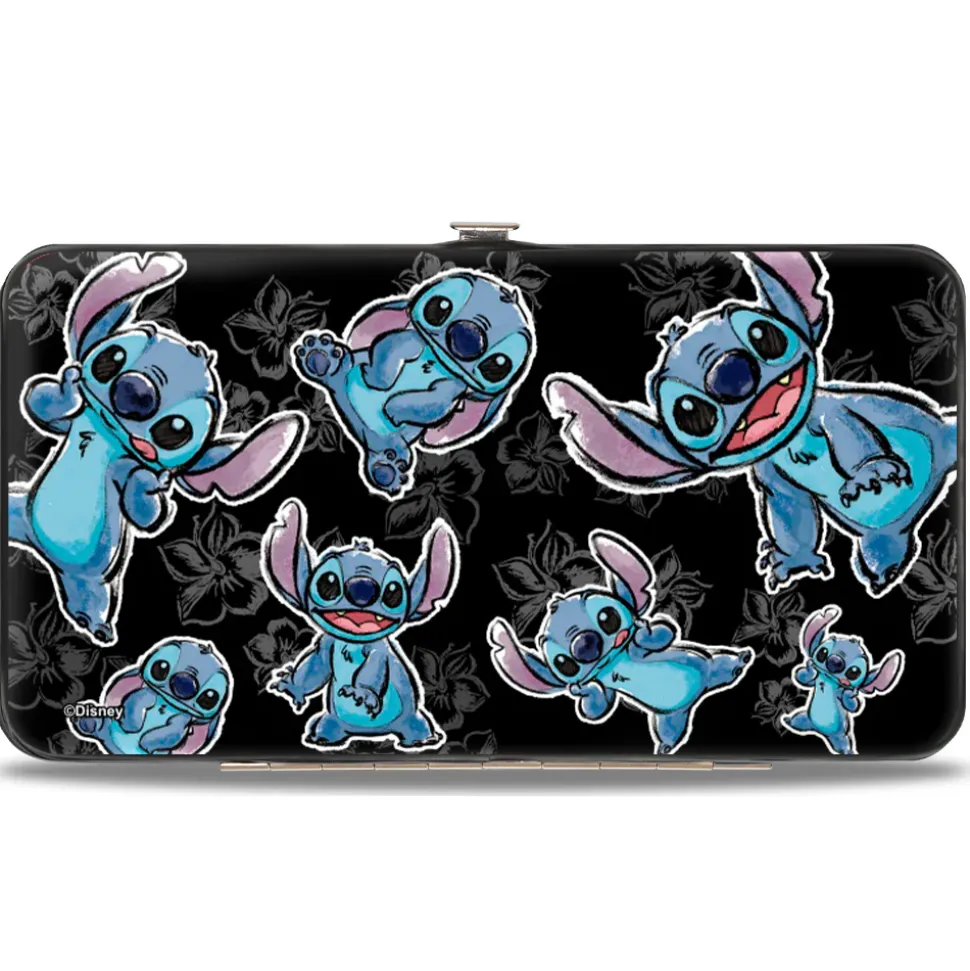 Hinged Wallet - Stitch 3-Poses Scattered Hibiscus Sketch Black Grays