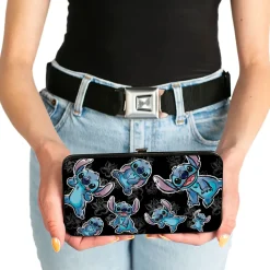 Hinged Wallet - Stitch 3-Poses Scattered Hibiscus Sketch Black Grays