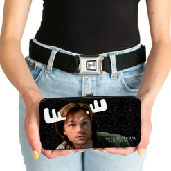 Hinged Wallet - SUPERNATURAL Sam Moose + Dean Sqirrel Poses Scattered Symbols Black Gray White