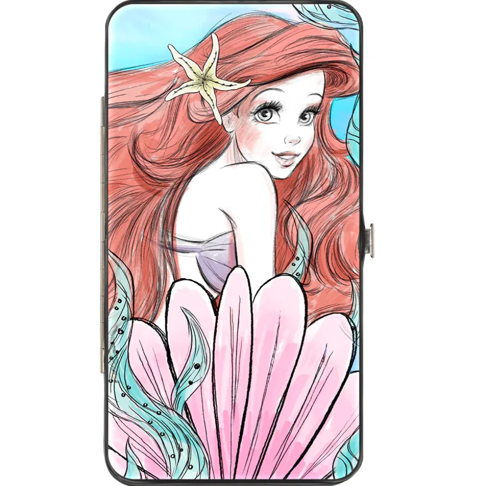 Hinged Wallet - The Little Mermaid Ariel Over Shoulder Sketch Pose + Tail Shells Kelp Blues Pinks