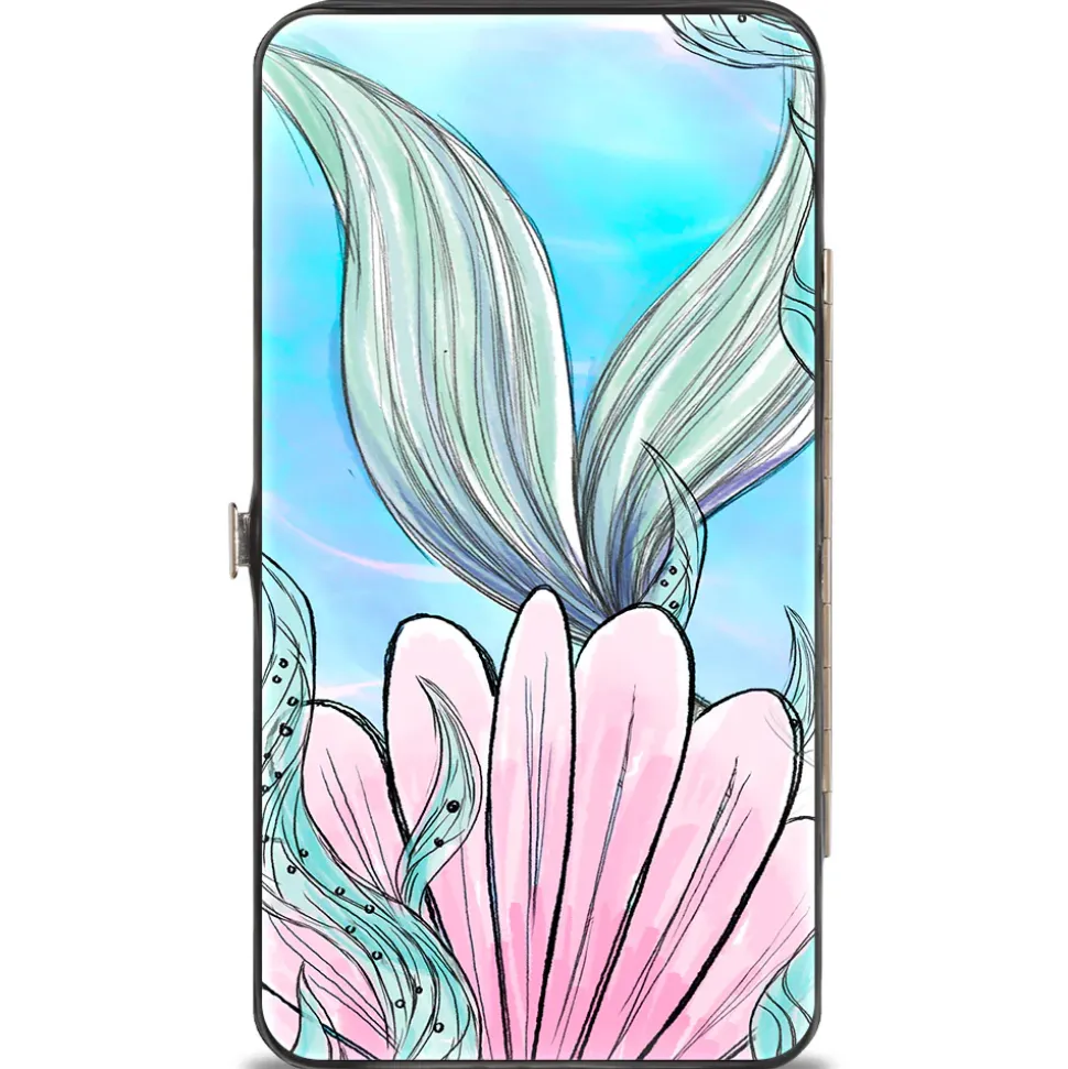 Hinged Wallet - The Little Mermaid Ariel Over Shoulder Sketch Pose + Tail Shells Kelp Blues Pinks
