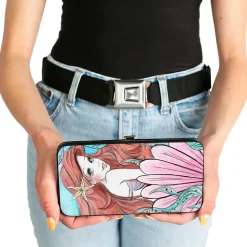 Hinged Wallet - The Little Mermaid Ariel Over Shoulder Sketch Pose + Tail Shells Kelp Blues Pinks