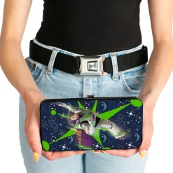 Hinged Wallet - Toy Story Buzz Lightyear Flight Pose + Space Ranger Logo Icons Blues Greens