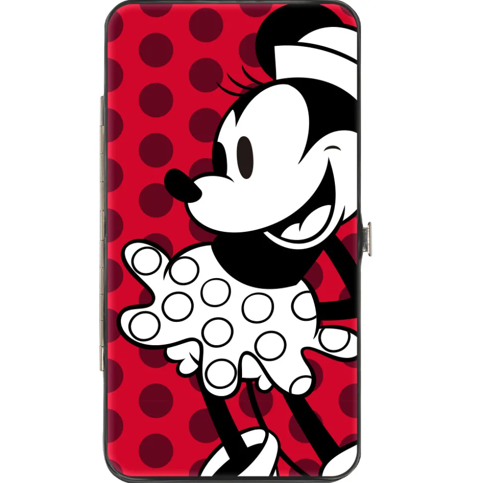 Hinged Wallet - Vintage Minnie Smiling Pose Front + Back Views Dots Reds/Black/White