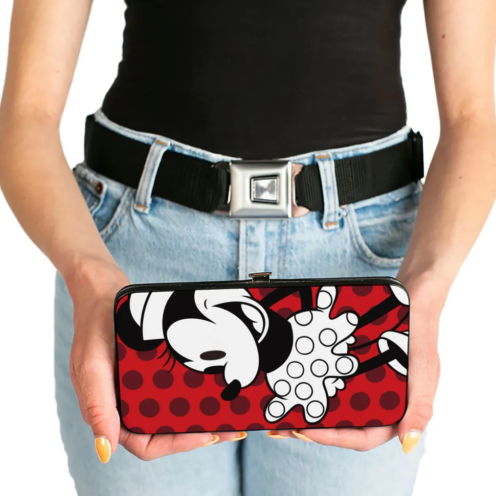 Hinged Wallet - Vintage Minnie Smiling Pose Front + Back Views Dots Reds/Black/White
