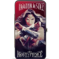 Hinged Wallet - Wonder Woman Deflection Pose FIGHT FOR JUSTICE-BE BRAVE AND FIERCE Weathered Reds/Blues