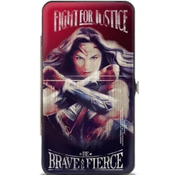 Hinged Wallet - Wonder Woman Deflection Pose FIGHT FOR JUSTICE-BE BRAVE AND FIERCE Weathered Reds/Blues