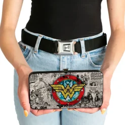Hinged Wallet - Wonder Woman Logo Comic Scenes Grays Blue Red Yellow