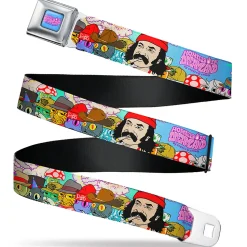 HOMIES IN DREAMLAND BY CHEECH & CHONG Title Logo Full Color Blue/Purples Seatbelt Belt - HOMIES IN DREAMLAND Title Logo Cheech and Chong with Homies Characters Blue Webbing