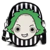 Horror Movies Vegan Leather Cross Body Bag with Adjustable Strap, Beetlejuice Smiling Chibi Face Applique, Stripe Black White, 7" x 8"