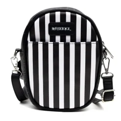 Horror Movies Vegan Leather Cross Body Bag with Adjustable Strap, Beetlejuice Smiling Chibi Face Applique, Stripe Black White, 7" x 8"