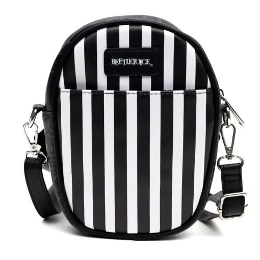 Horror Movies Vegan Leather Cross Body Bag with Adjustable Strap, Beetlejuice Smiling Chibi Face Applique, Stripe Black White, 7" x 8"