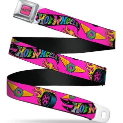 HOT WHEELS Classic Flame Logo Full Color Pink/Black/Multi Color Seatbelt Belt - HOT WHEELS Logo and Parts Collage Pink/Black/Multi Color Webbing
