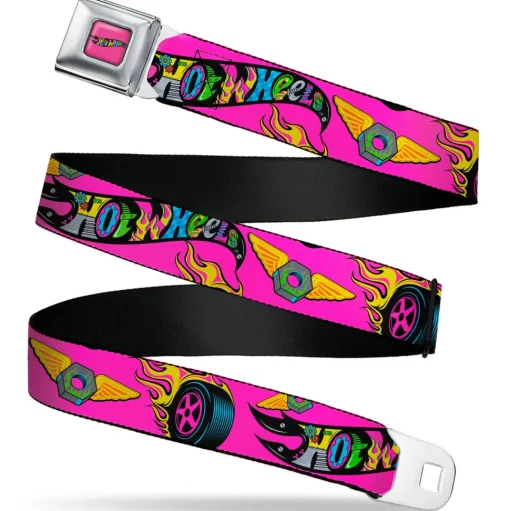 HOT WHEELS Classic Flame Logo Full Color Pink/Black/Multi Color Seatbelt Belt - HOT WHEELS Logo and Parts Collage Pink/Black/Multi Color Webbing