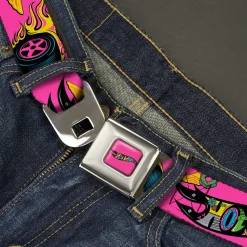HOT WHEELS Classic Flame Logo Full Color Pink/Black/Multi Color Seatbelt Belt - HOT WHEELS Logo and Parts Collage Pink/Black/Multi Color Webbing