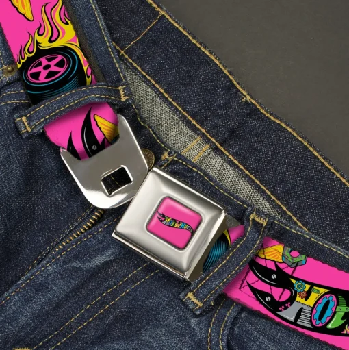 HOT WHEELS Classic Flame Logo Full Color Pink/Black/Multi Color Seatbelt Belt - HOT WHEELS Logo and Parts Collage Pink/Black/Multi Color Webbing