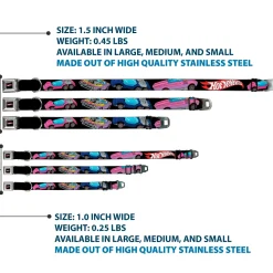 HOT WHEELS Classic Flame Logo Full Color Black/Red/White Seatbelt Buckle Collar - HOT WHEELS Logo and Four Cars Close-Up Black