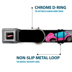 HOT WHEELS Classic Flame Logo Full Color Black/Red/White Seatbelt Buckle Collar - HOT WHEELS Logo and Four Cars Close-Up Black