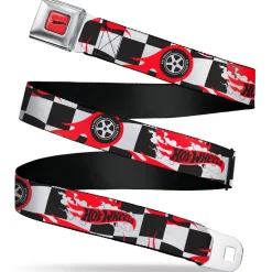 HOT WHEELS Classic Flame Logo Full Color Red/White/Black Seatbelt Belt - HOT WHEELS Logo and Tire Burn Out Checker Black/White Webbing