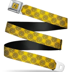 HUFFLEPUFF Crest Full Color Gold Seatbelt Belt - Harry Potter Hufflepuff Crest Plaid Yellows/Gray Webbing