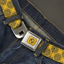 HUFFLEPUFF Crest Full Color Gold Seatbelt Belt - Harry Potter Hufflepuff Crest Plaid Yellows/Gray Webbing