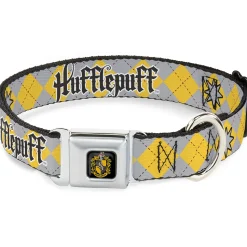 Hufflepuff Crest Full Color Seatbelt Buckle Collar - Harry Potter HUFFLEPUFF/Stars Argyle Plaid Gray/Gold/Browns