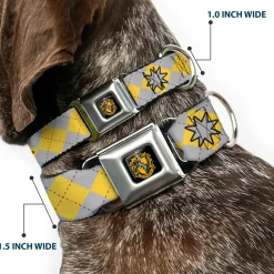 Hufflepuff Crest Full Color Seatbelt Buckle Collar - Harry Potter HUFFLEPUFF/Stars Argyle Plaid Gray/Gold/Browns