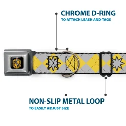 Hufflepuff Crest Full Color Seatbelt Buckle Collar - Harry Potter HUFFLEPUFF/Stars Argyle Plaid Gray/Gold/Browns