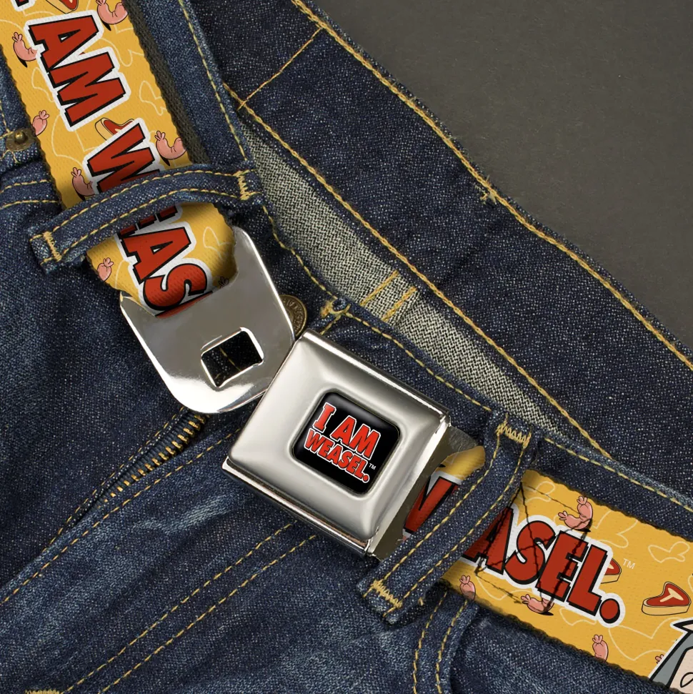 I AM WEASEL Title Logo Full Color Black/White/Red Seatbelt Belt - I AM WEASEL Title Logo with IM Weasel and IR Baboon Pose Yellows Webbing