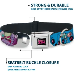 INVADER ZIM Title Logo Full Color Pink/Green Seatbelt Buckle Collar - Invader Zim GIR and Piggy Rule the World Poses Blue