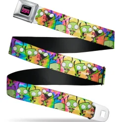 INVADER ZIM Title Logo Full Color Black/Pinks Seatbelt Belt - Invader Zim GIR Poses Scattered Tie Dye Multi Color Webbing
