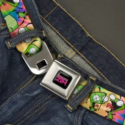 INVADER ZIM Title Logo Full Color Black/Pinks Seatbelt Belt - Invader Zim GIR Poses Scattered Tie Dye Multi Color Webbing