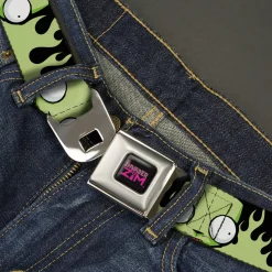 INVADER ZIM Title Logo Full Color Pink/Green Seatbelt Belt - Invader Zim GIR Face and Flames Black/Green Webbing