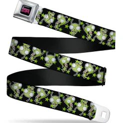 INVADER ZIM Title Logo Full Color Pink/Green Seatbelt Belt - Invader Zim GIR Poses and Stars Black/Green Webbing