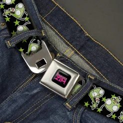 INVADER ZIM Title Logo Full Color Pink/Green Seatbelt Belt - Invader Zim GIR Poses and Stars Black/Green Webbing