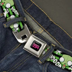 INVADER ZIM Title Logo Full Color Pink/Green Seatbelt Belt - Invader Zim GIR DOOM Flip Poses Stripe Black/Green Webbing