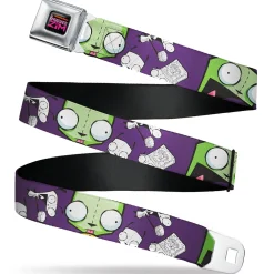 INVADER ZIM Title Logo Full Color Pink/Green Seatbelt Belt - Invader Zim GIR Poses and Sketch Purple Webbing