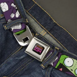 INVADER ZIM Title Logo Full Color Pink/Green Seatbelt Belt - Invader Zim GIR Poses and Sketch Purple Webbing