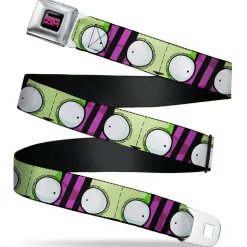 INVADER ZIM Title Logo Full Color Pink/Green Seatbelt Belt - Invader Zim GIR Eyes Close-Up Stripe Black/Purple Webbing