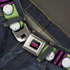 INVADER ZIM Title Logo Full Color Pink/Green Seatbelt Belt - Invader Zim GIR Eyes Close-Up Stripe Black/Purple Webbing