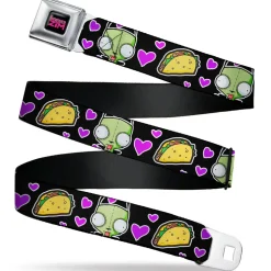 INVADER ZIM Title Logo Full Color Pink/Green Seatbelt Belt - Invader Zim GIR and Tacos Heart Collage Black Webbing