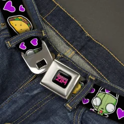 INVADER ZIM Title Logo Full Color Pink/Green Seatbelt Belt - Invader Zim GIR and Tacos Heart Collage Black Webbing